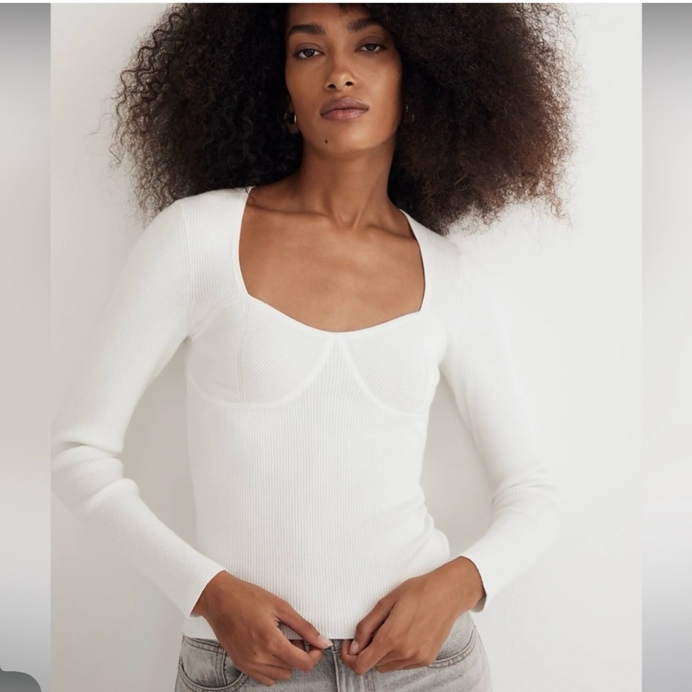 Madewell White Ribbed Long Sleeve Bodysuit